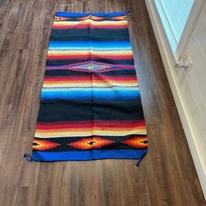 El Paso Saddleblanket Co Mexican Hacienda Blanket Rug Blue Red Striped 32x64